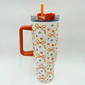 Fall Tumbler With Handle & Straw 40 oz Orange Bows Pumpkins Autumn Travel Mug